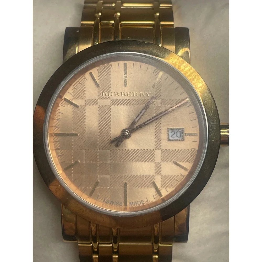 Burberry The City Rose Gold Quartz Watch 37mm Engraved Monochrome Dial Date Feat